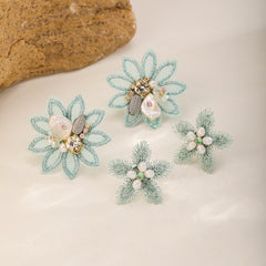 Mint Embroidered Flower Earrings