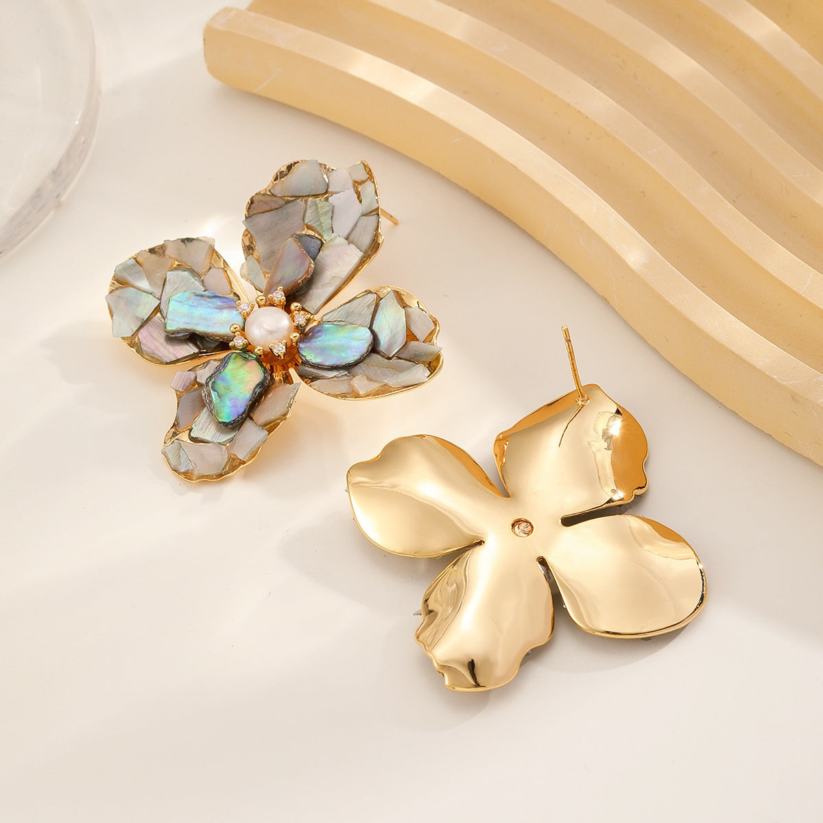 Abalone Flower Earrings — Grey Abalone, gold back