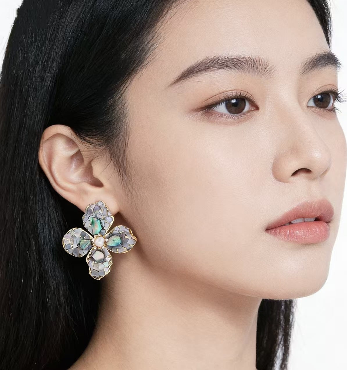 Abalone Flower Earrings in Grey Abalone, worn