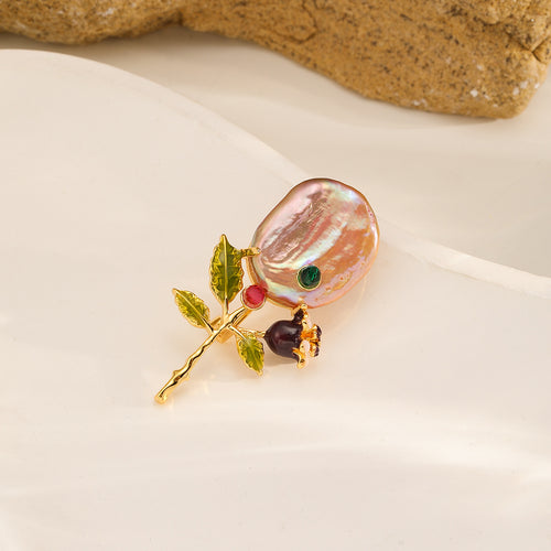 Baroque Pearl Flower Brooch — Pink Rose