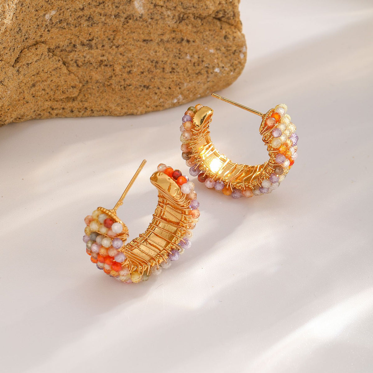 Beaded C-Hoop Earrings — Coral Mix