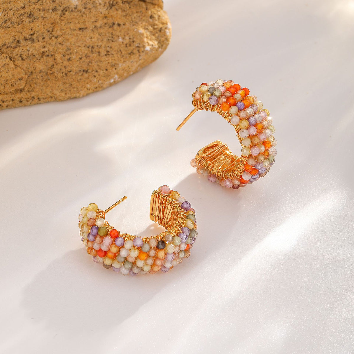 Beaded C-Hoop Earrings — Coral Mix