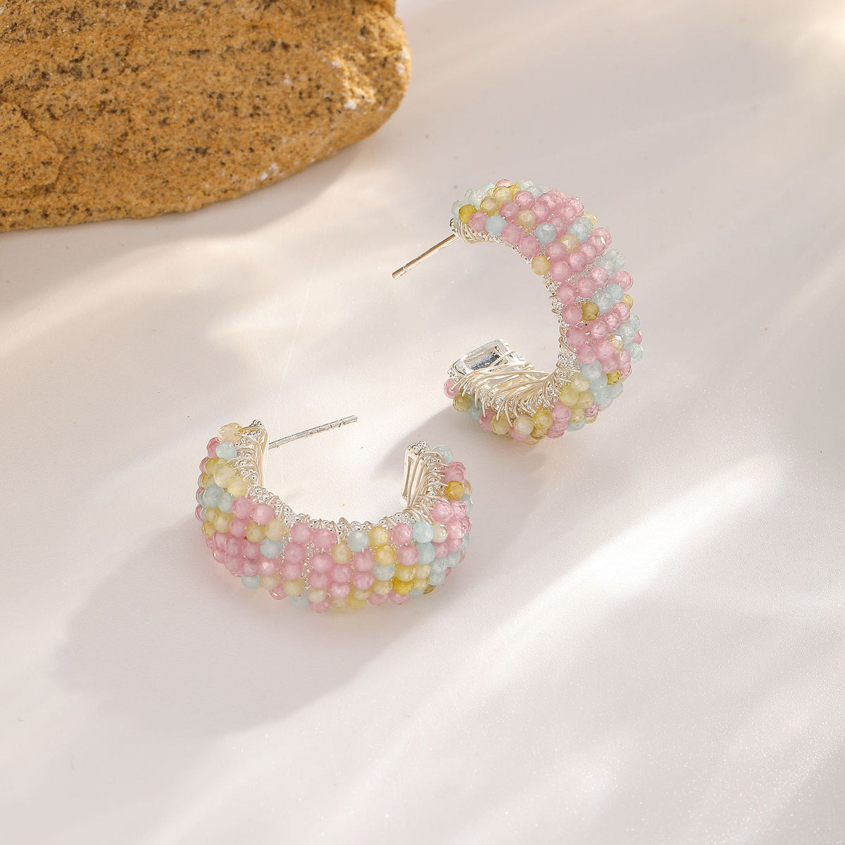 Beaded C-Hoop Earrings — Pastel Mix