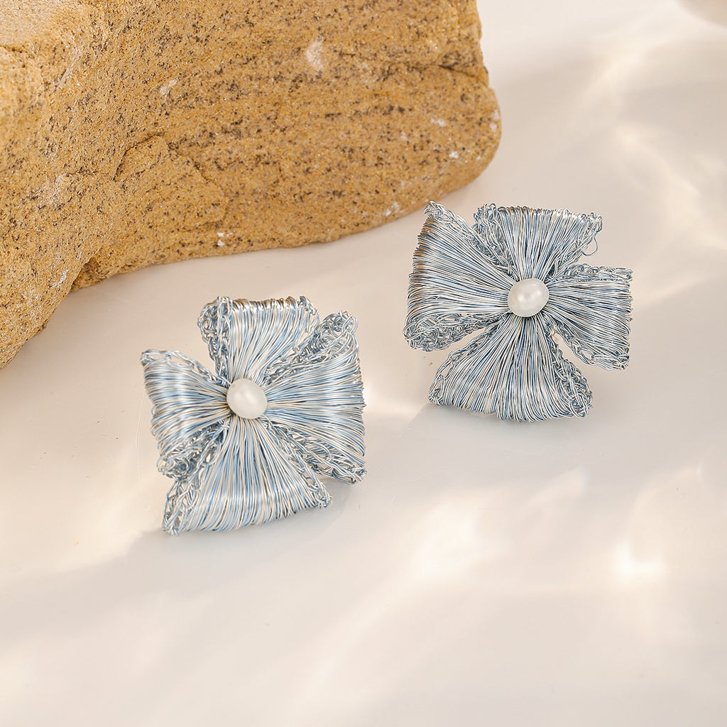 Bow Flower Studs — Mist Blue