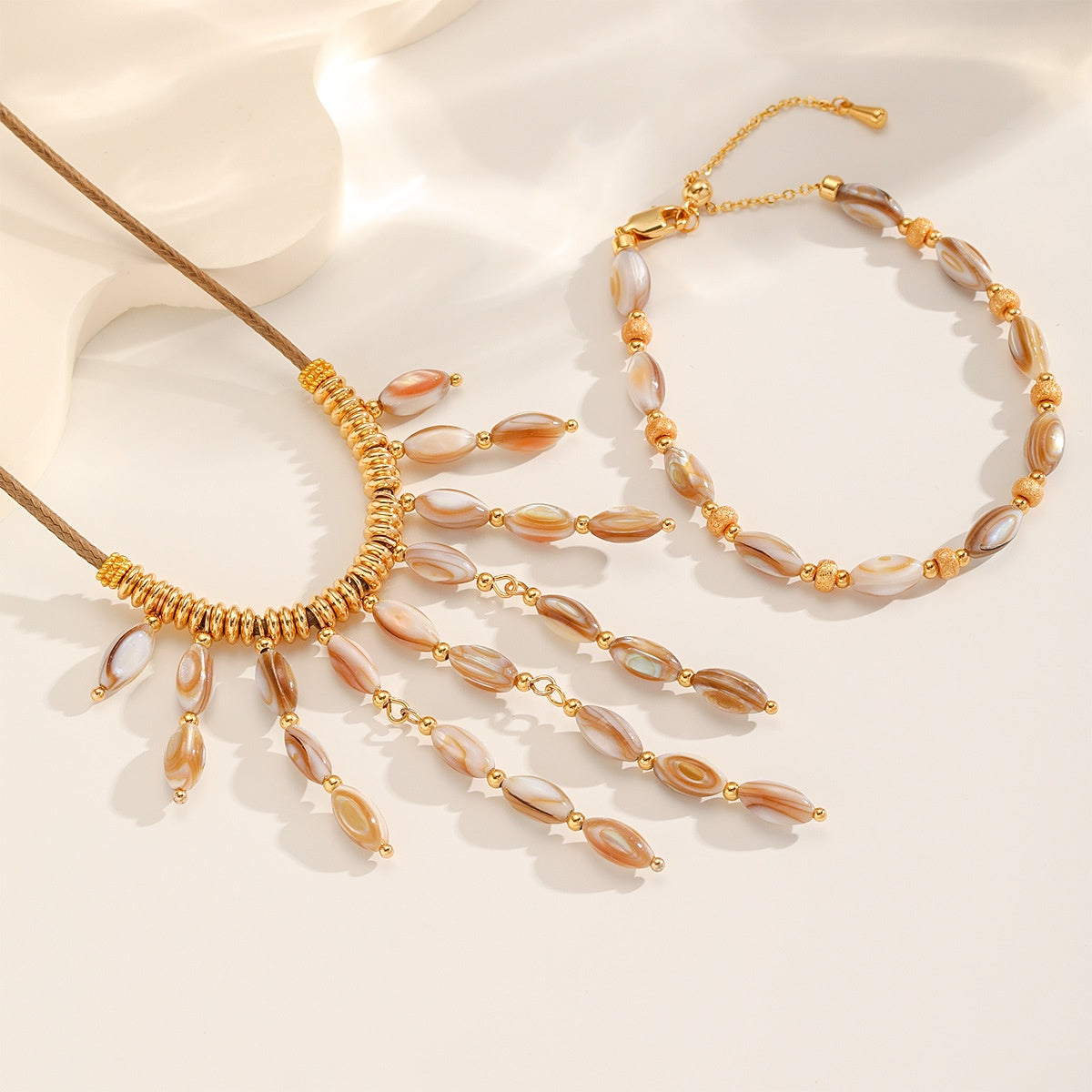 Cord & Shell Set — Necklace and Bracelet, close up