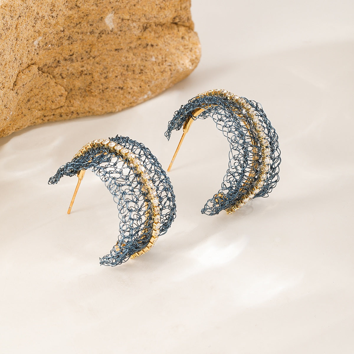 Crescent Mesh Hoops — Mist Blue