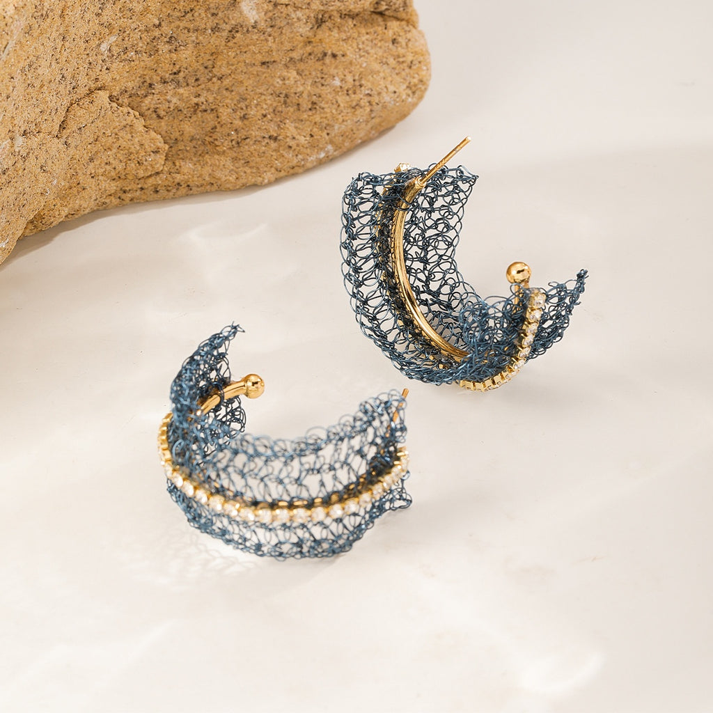 Crescent Mesh Hoops — Mist Blue, front and back