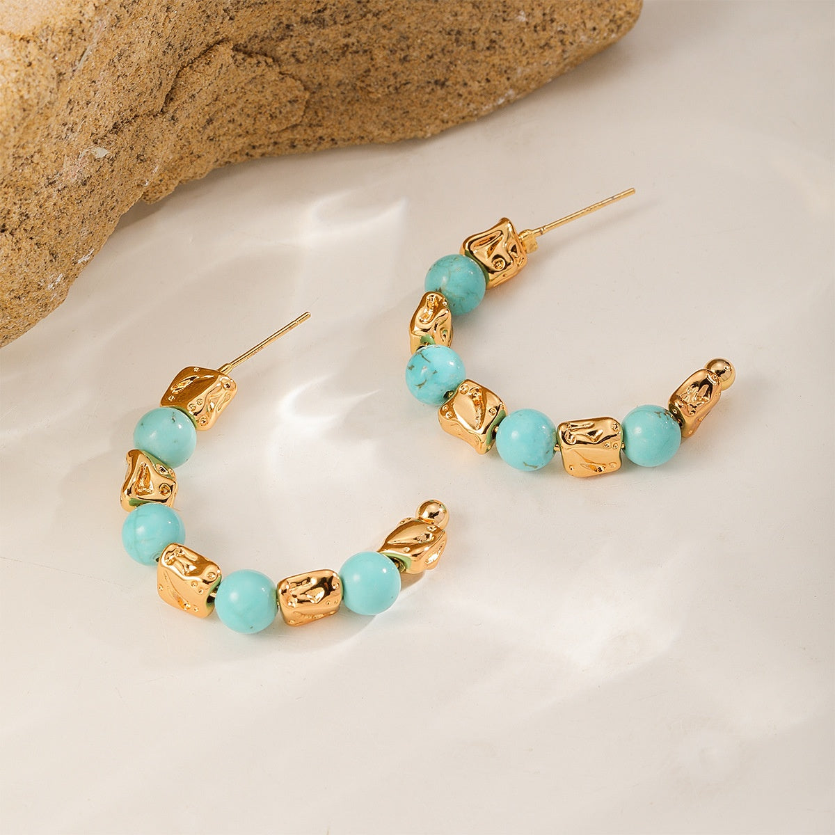 Crumpled Nugget Hoops — Gold & Blue