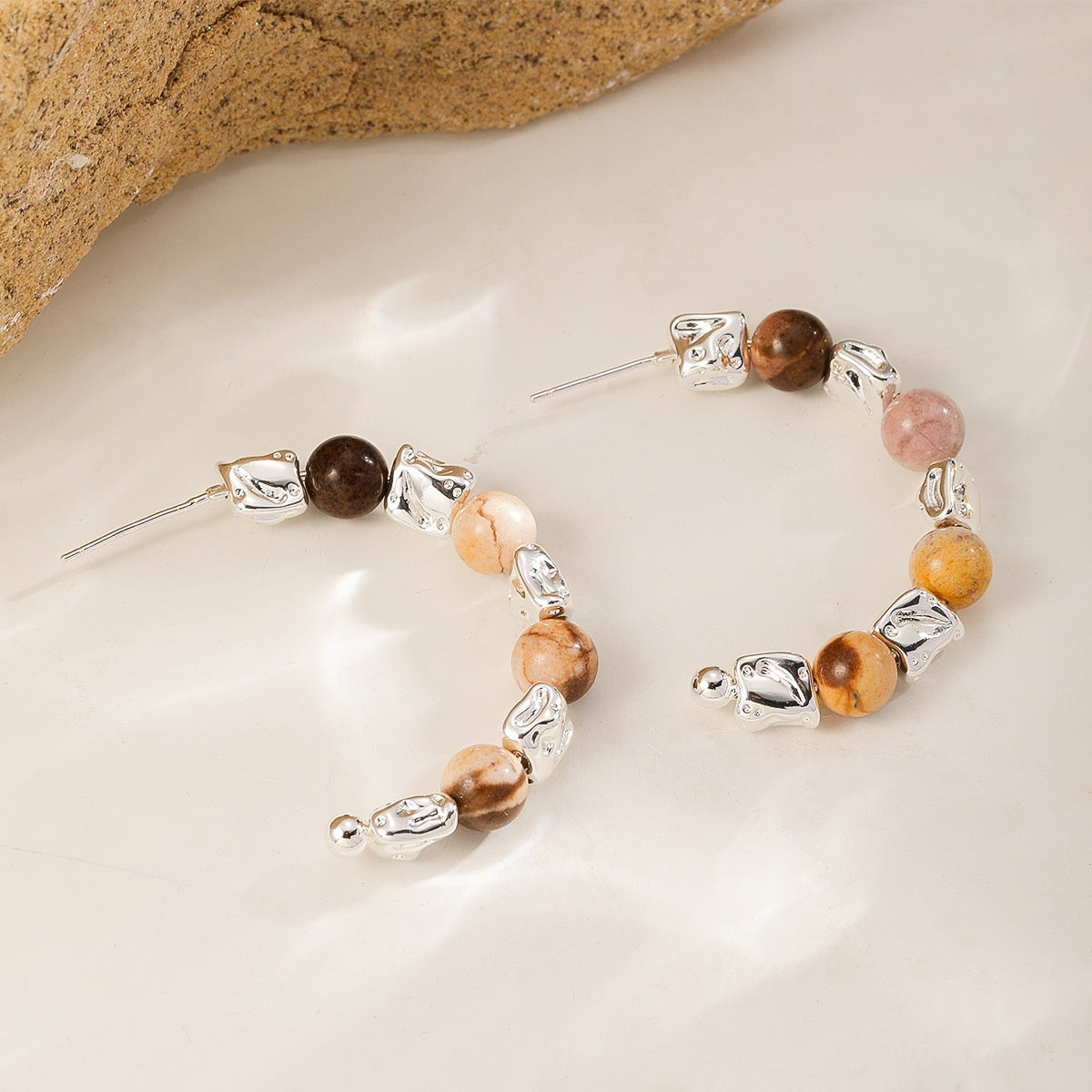 Crumpled Nugget Hoops — Silver Earth Tones