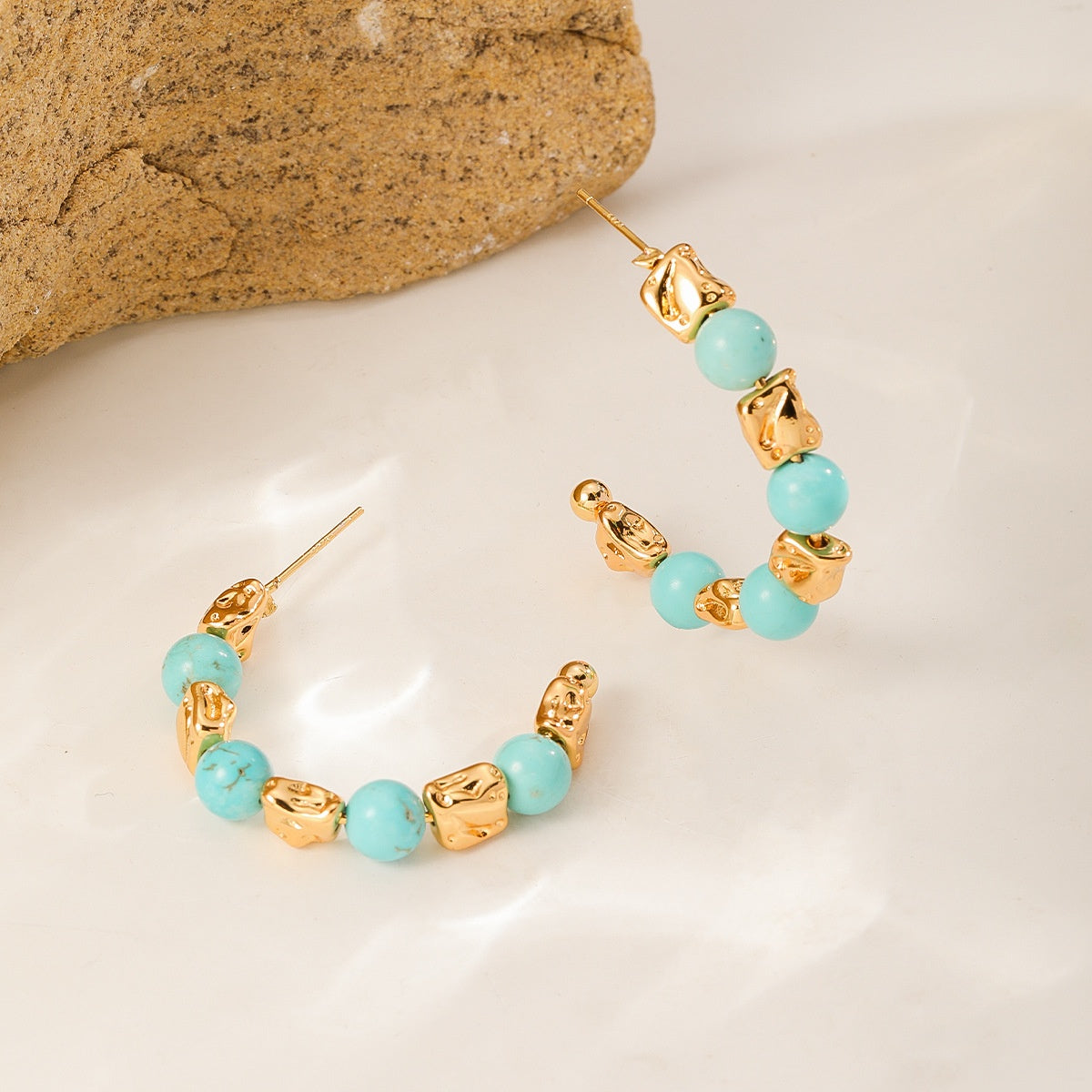 Crumpled Nugget Hoops — Gold & Blue