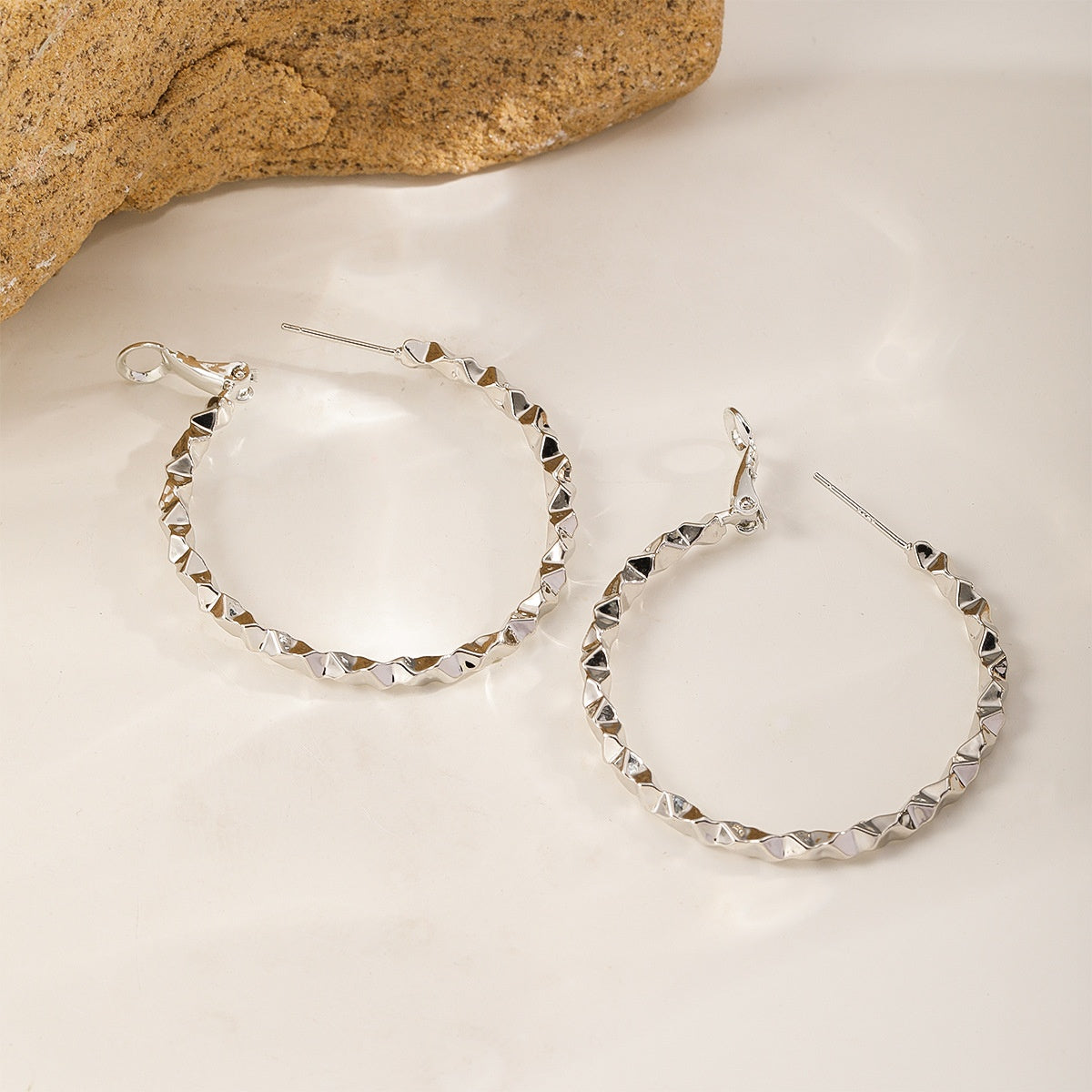 Faceted Silver-Tone Hoops — Silver-Tone