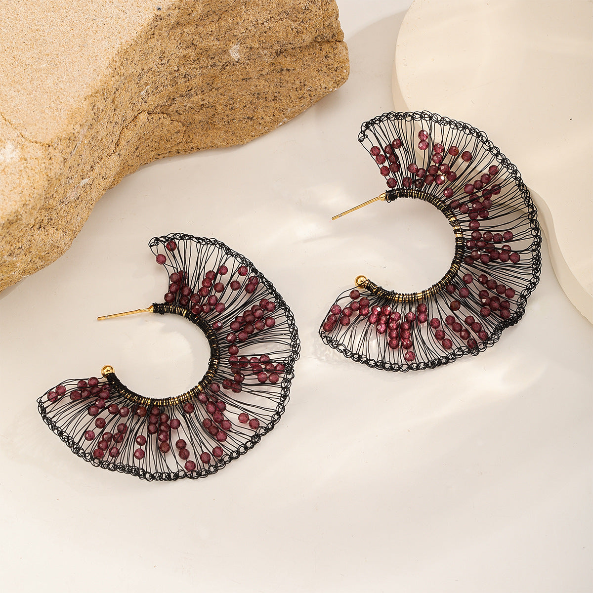 Fan Hoop Earrings — Garnet Beaded