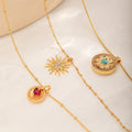Fine Chain Pendant Necklace — Red Heart Disc, Crystal Sun and Blue Stone Medallion
