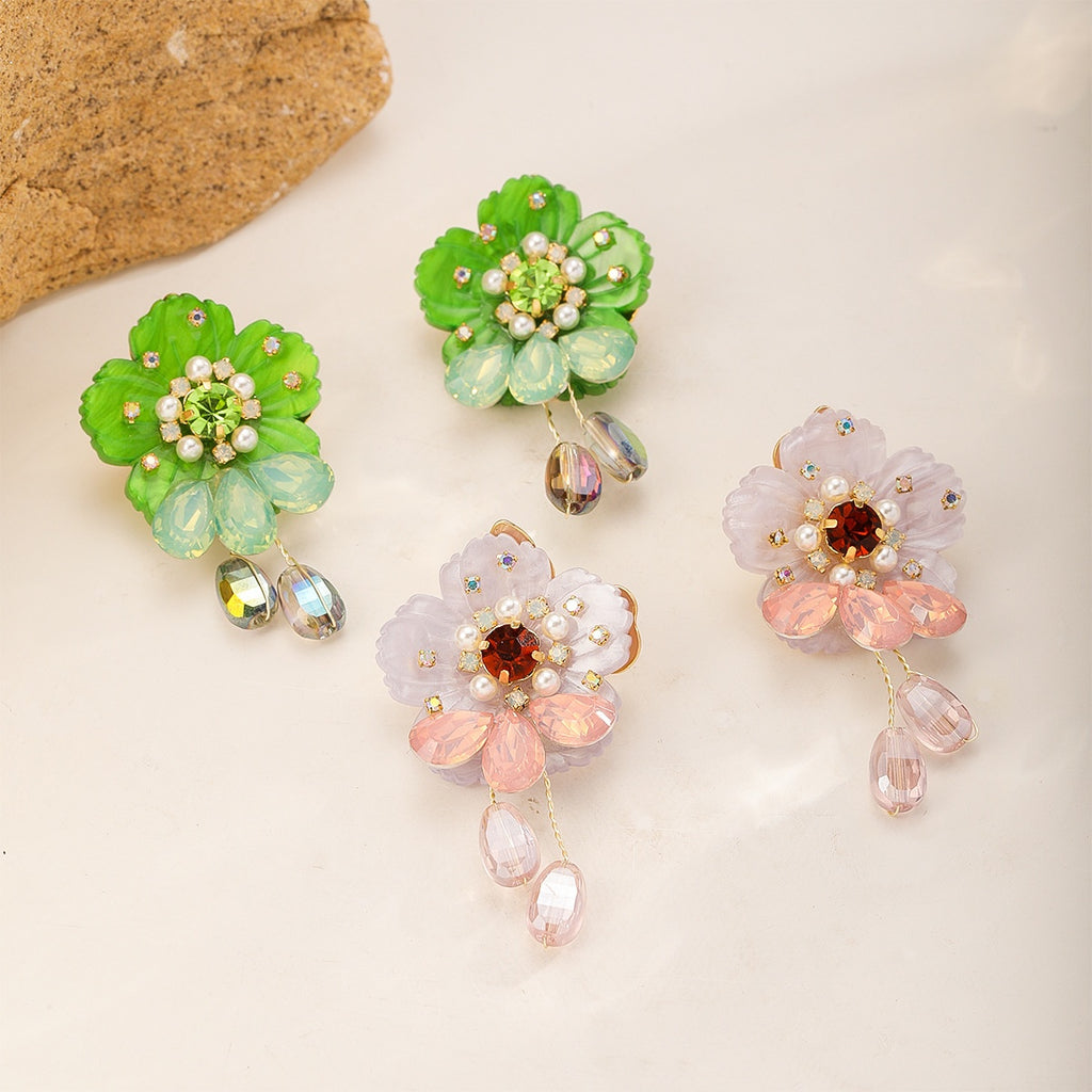 Frosted Flower Earrings — Green Drop and Blush Drop