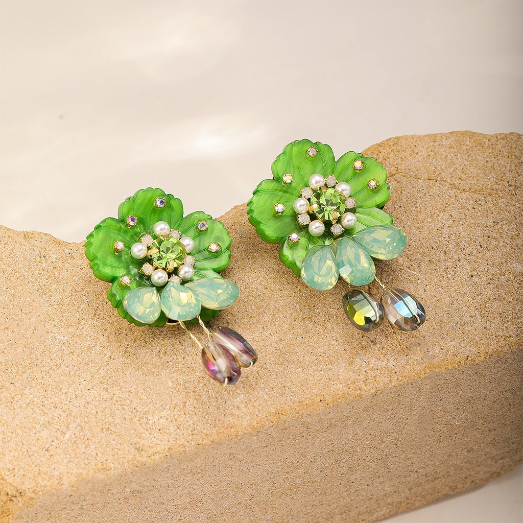 Frosted Flower Earrings — Green Drop
