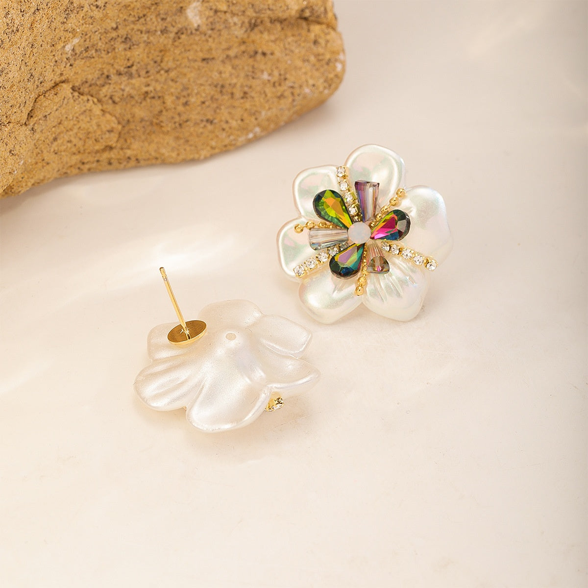 Frosted Flower Earrings — Pearl White, front and back