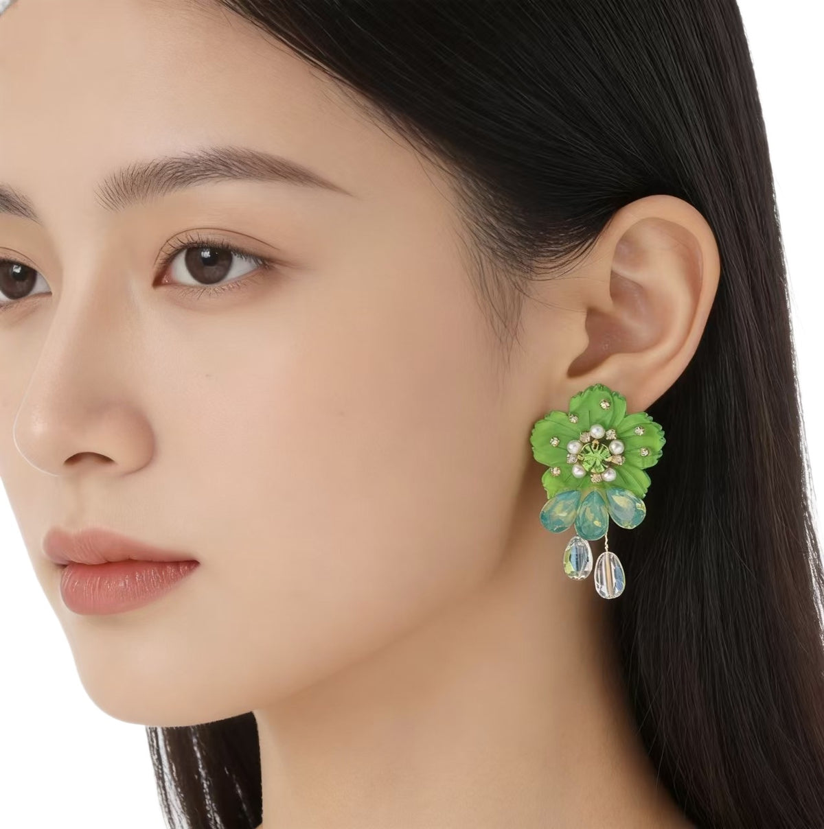 Frosted Flower Earrings in Green Drop, worn