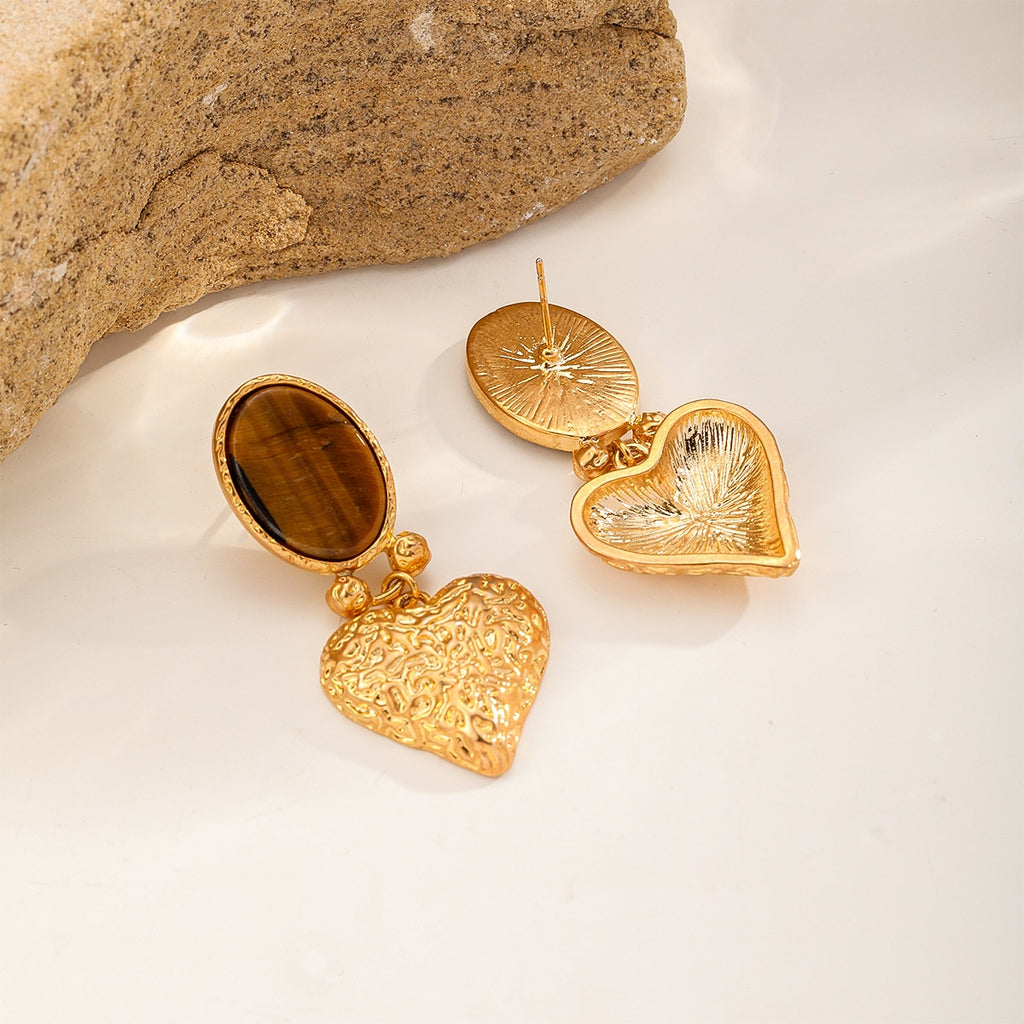 Gold Heart Drop Earrings — Tiger's Eye