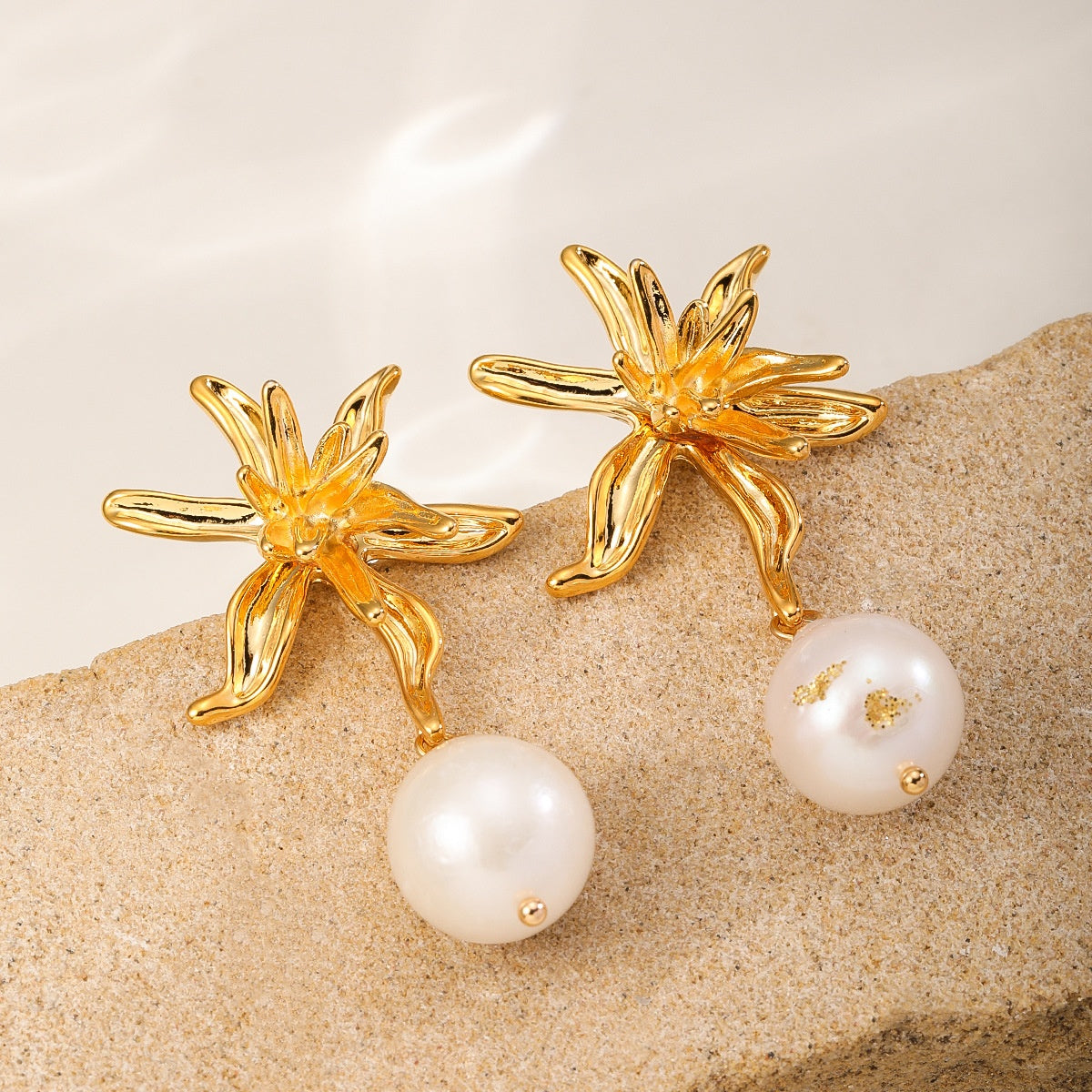 Gold-Topped Pearl Earrings — Star Flower