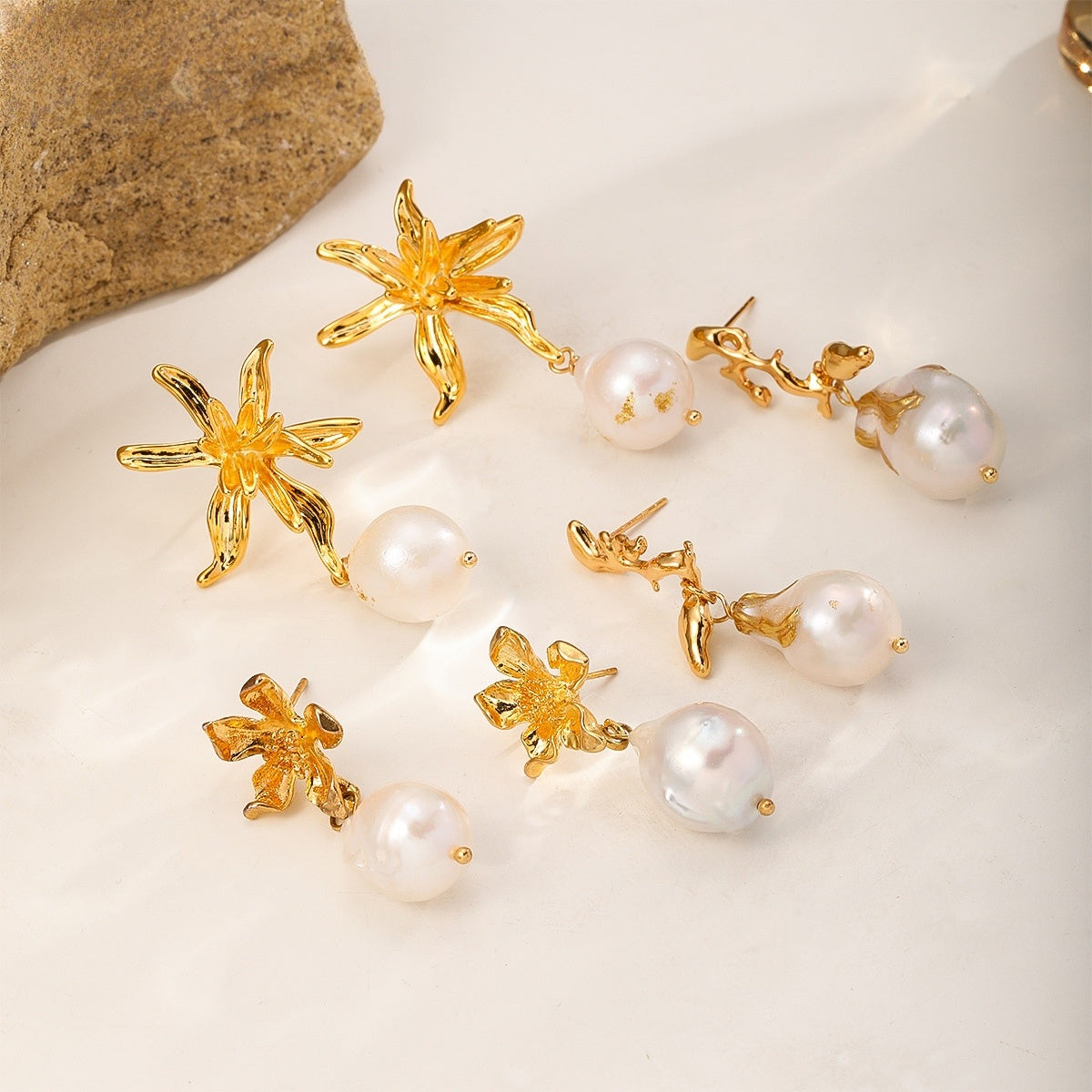 Gold-Topped Pearl Earrings, Star Flower, Gold Branch and Small Bloom