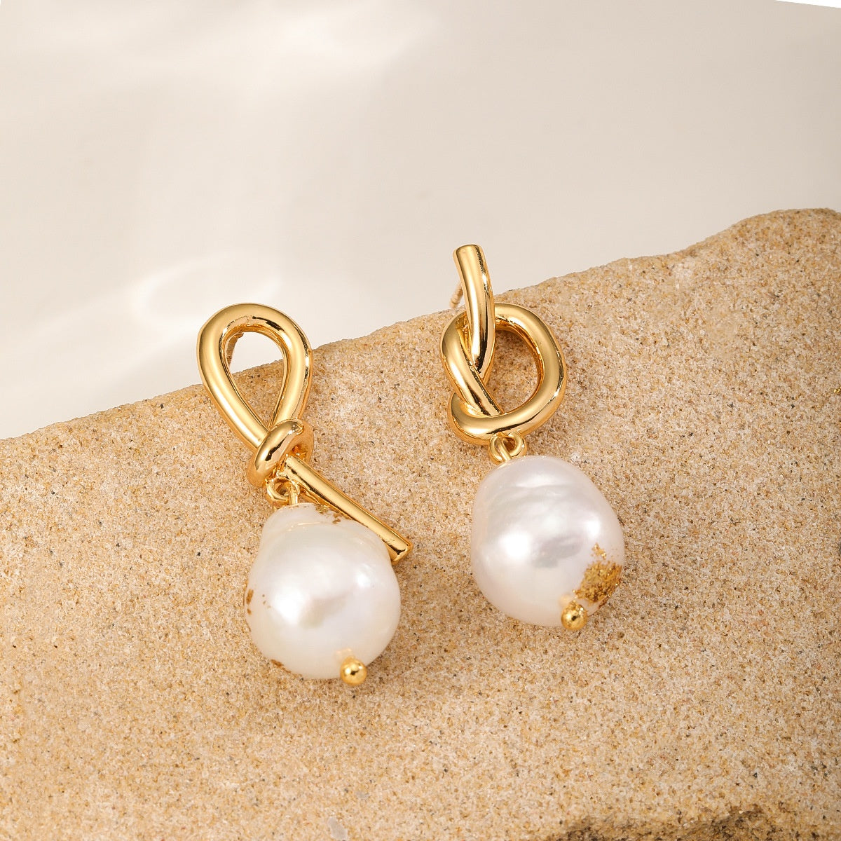 Gold-Topped Pearl Earrings — Gold Knot
