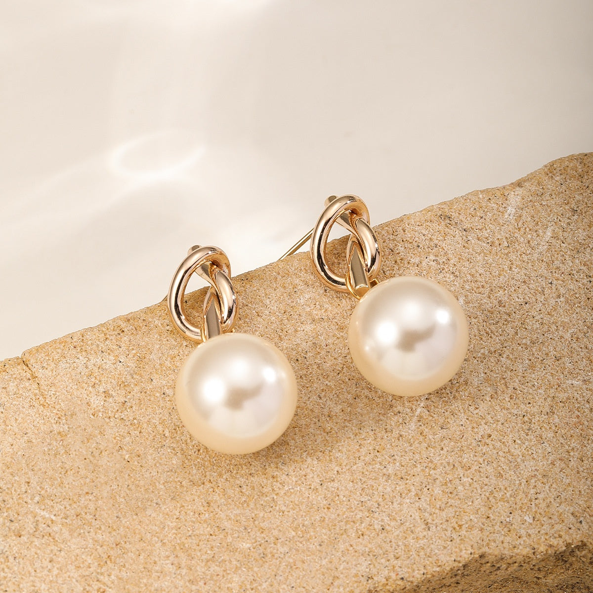 Gold-Topped Pearl Earrings — Pale Gold Knot