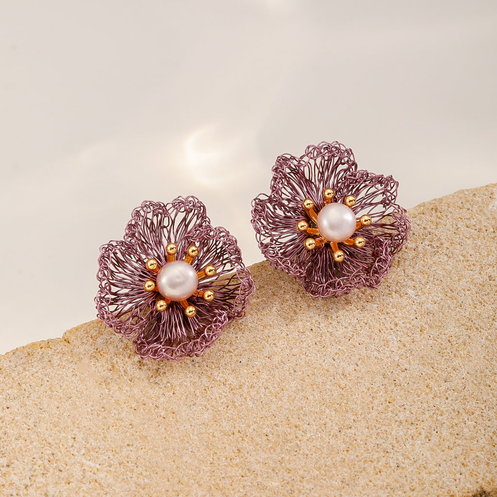 Little Flower Pearl Studs — Plum