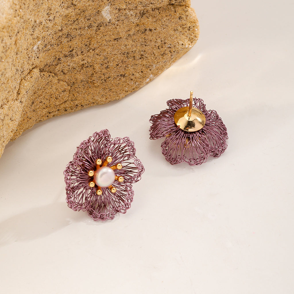 Little Flower Pearl Studs — Plum