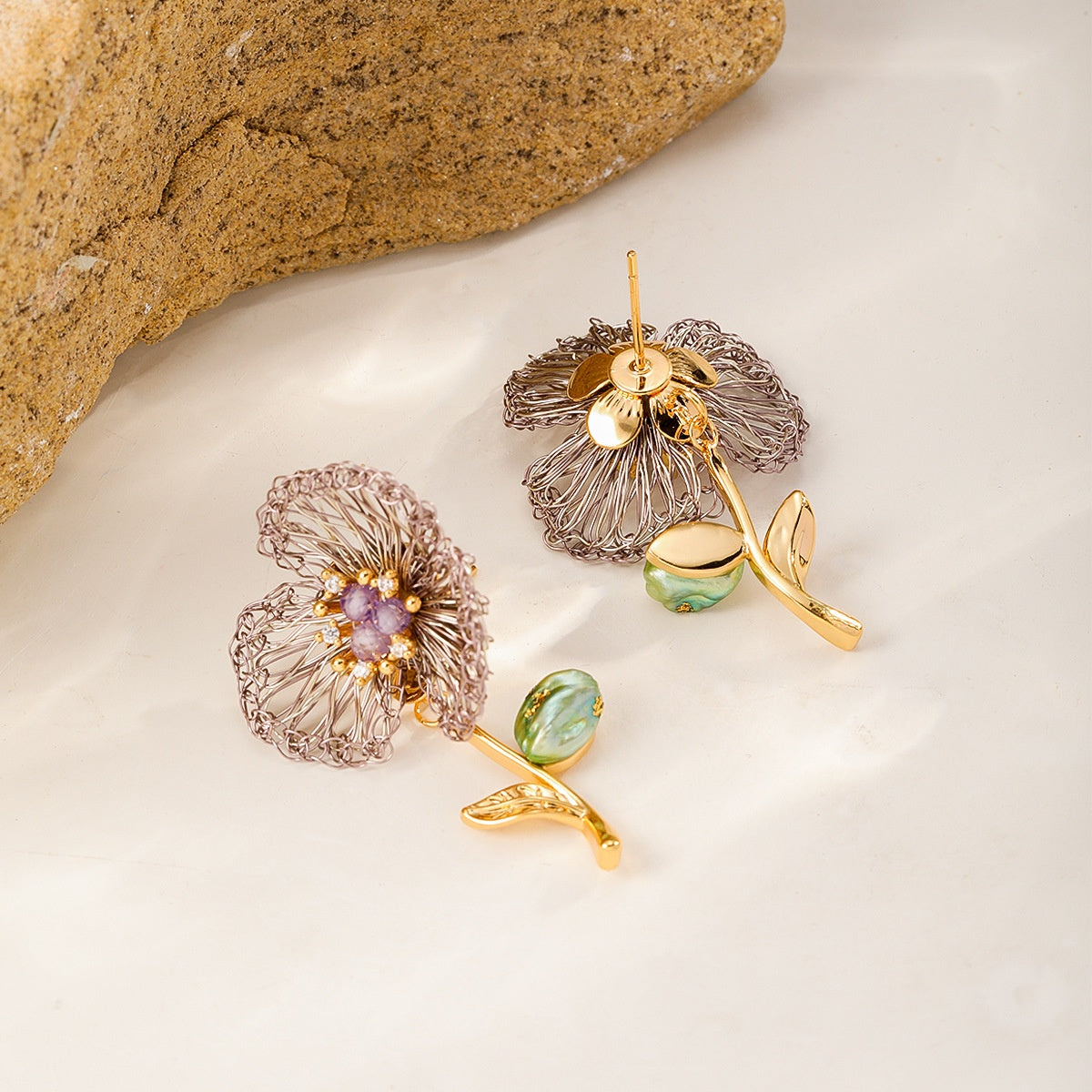 Mauve Stem Flower Studs — Smoky Mauve, front and back