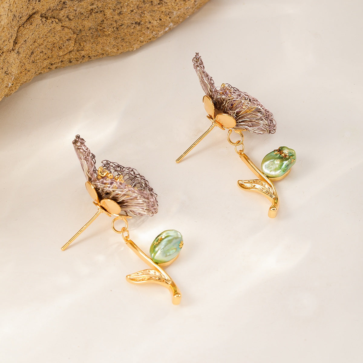 Mauve Stem Flower Studs — Smoky Mauve, side view