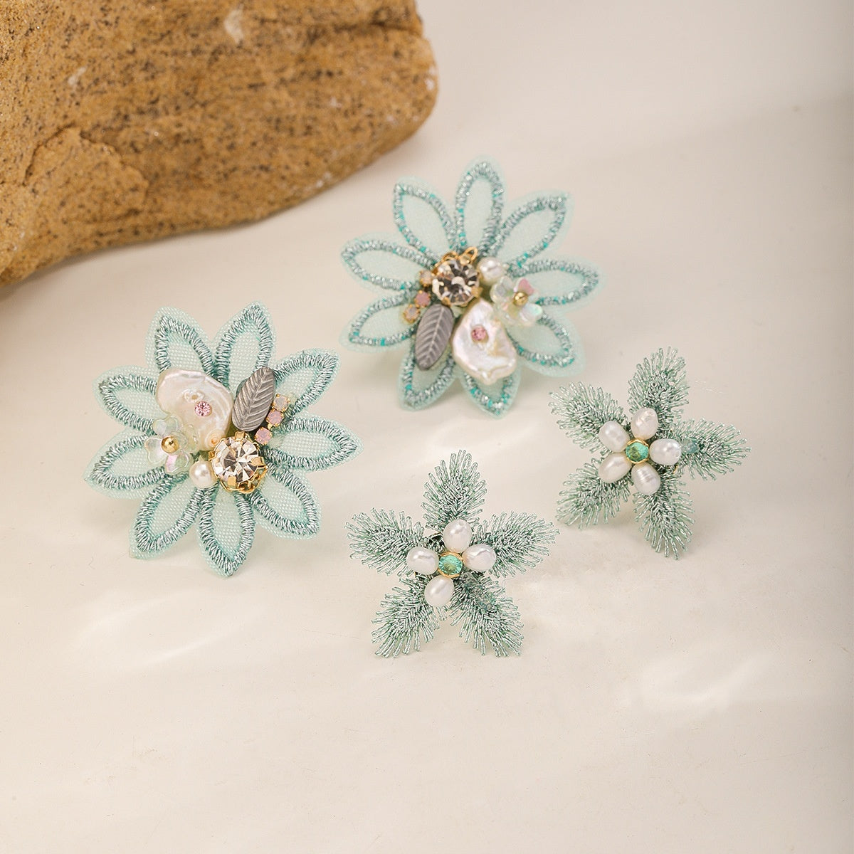 Mint Embroidered Flower Earrings — Eight-Petal and Pearl Star