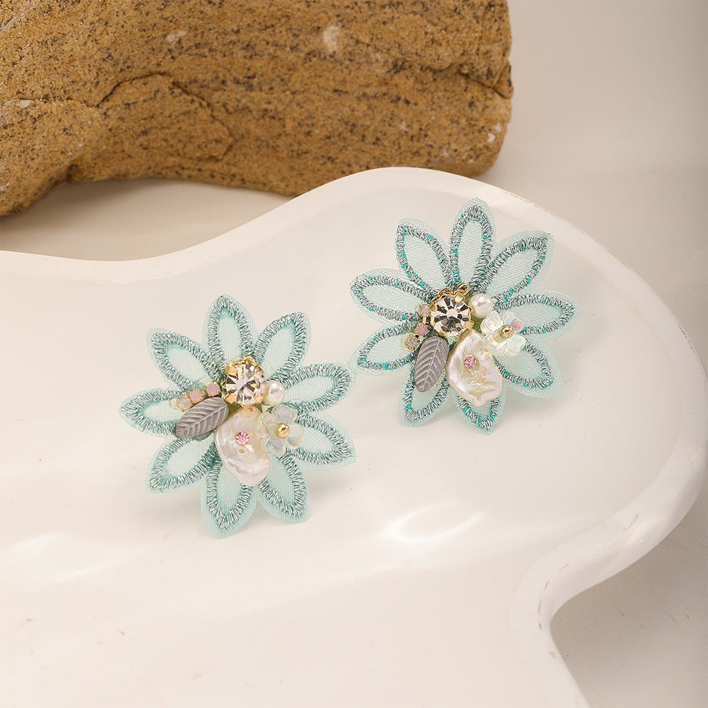 Mint Embroidered Flower Earrings — Eight-Petal