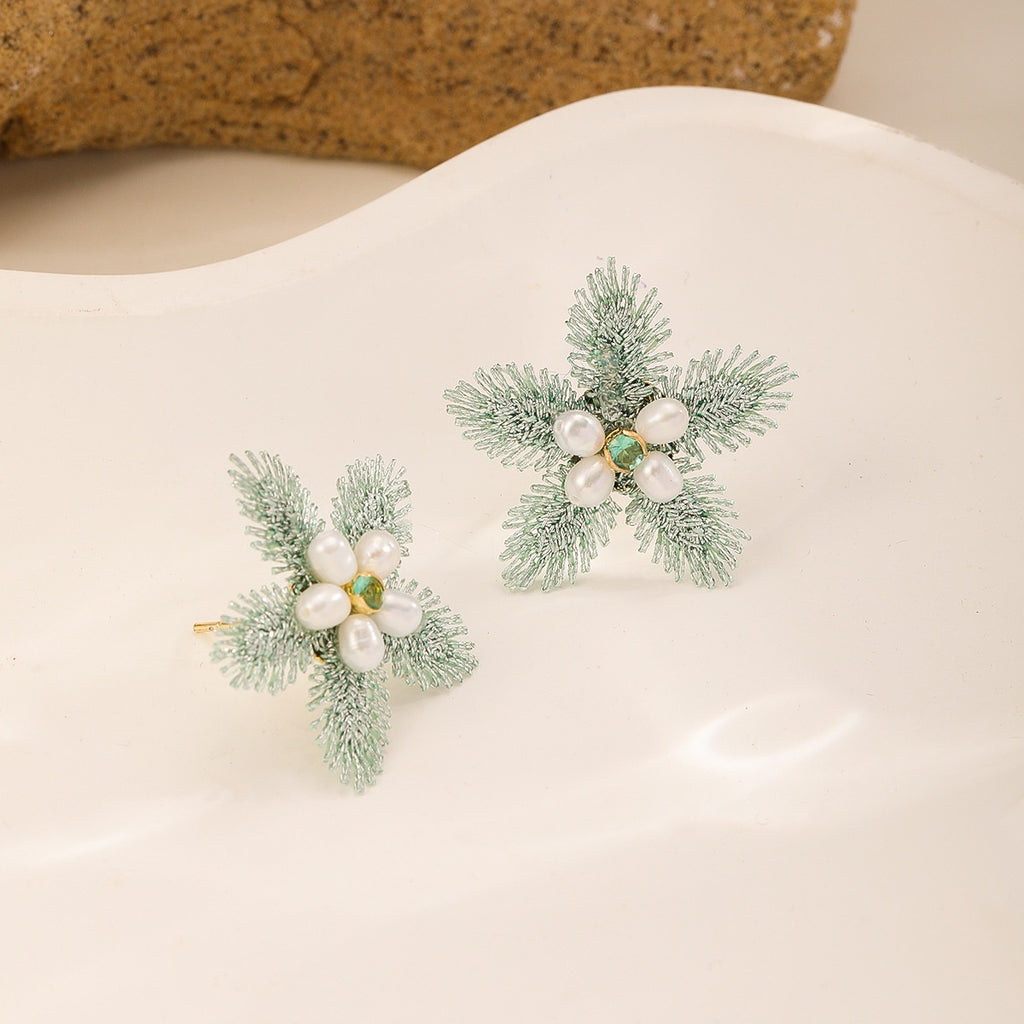 Mint Embroidered Flower Earrings — Pearl Star