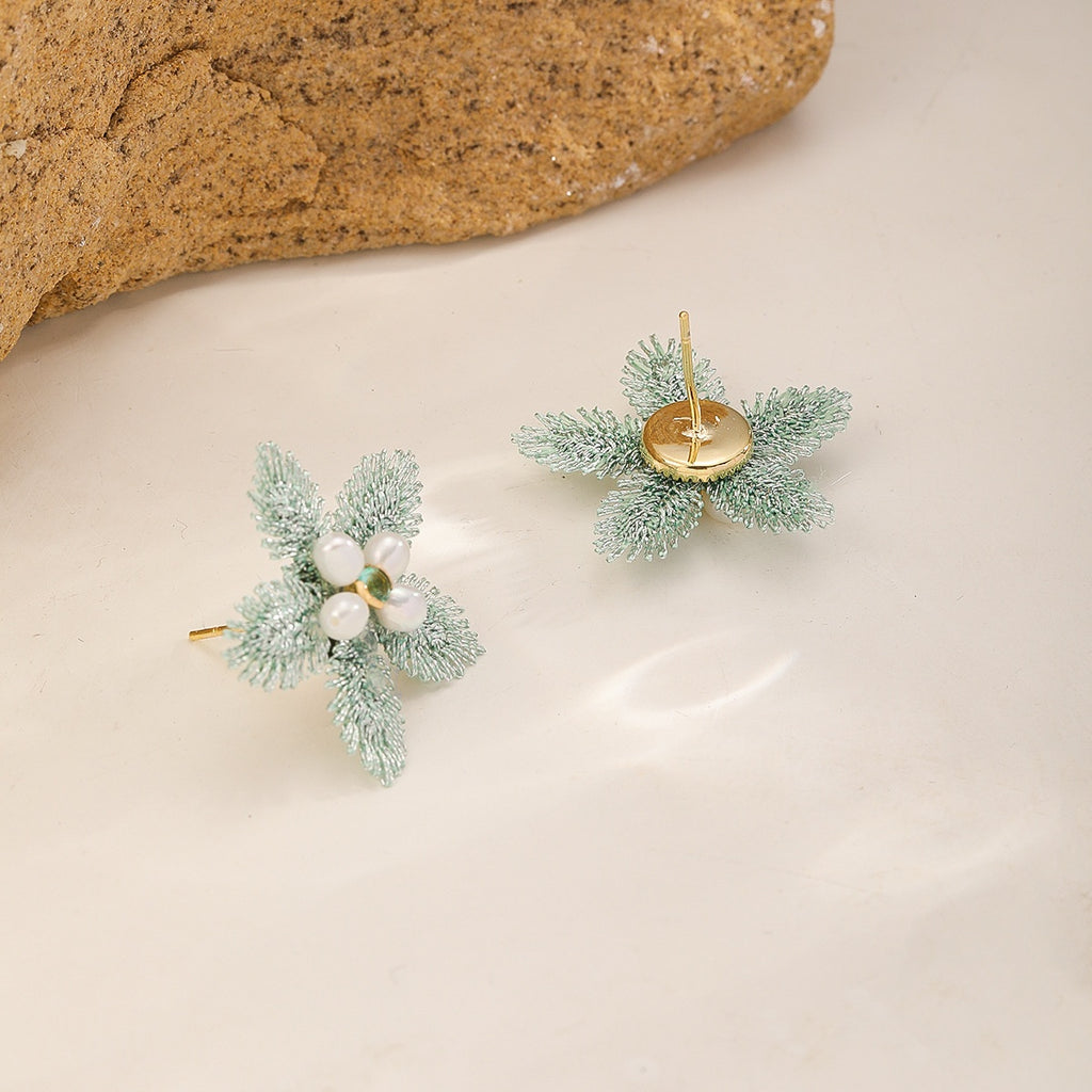 Mint Embroidered Flower Earrings — Pearl Star