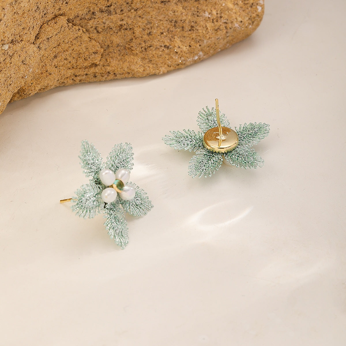 Mint Embroidered Flower Earrings — Pearl Star