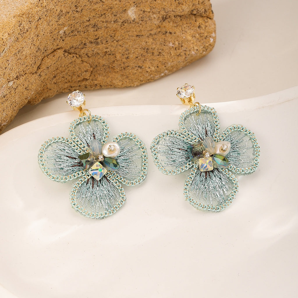 Mint Embroidered Flower Earrings — Four-Petal Drop