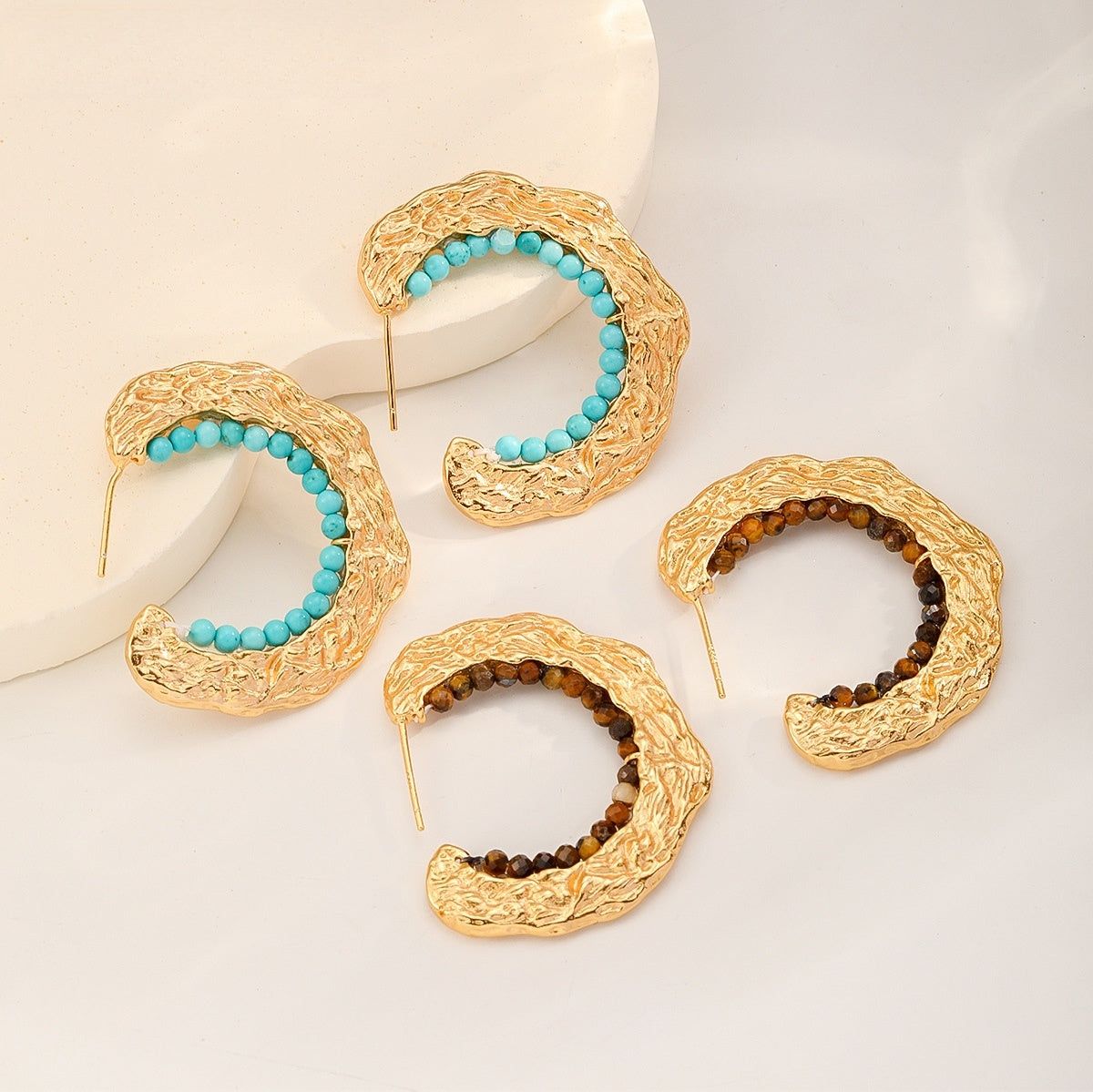 Molten Crescent Earrings — Turquoise Blue and Tiger's Eye