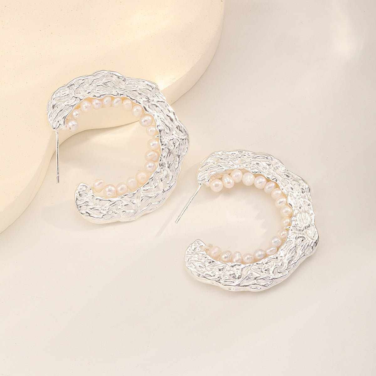 Molten Crescent Earrings — Silver Pearl