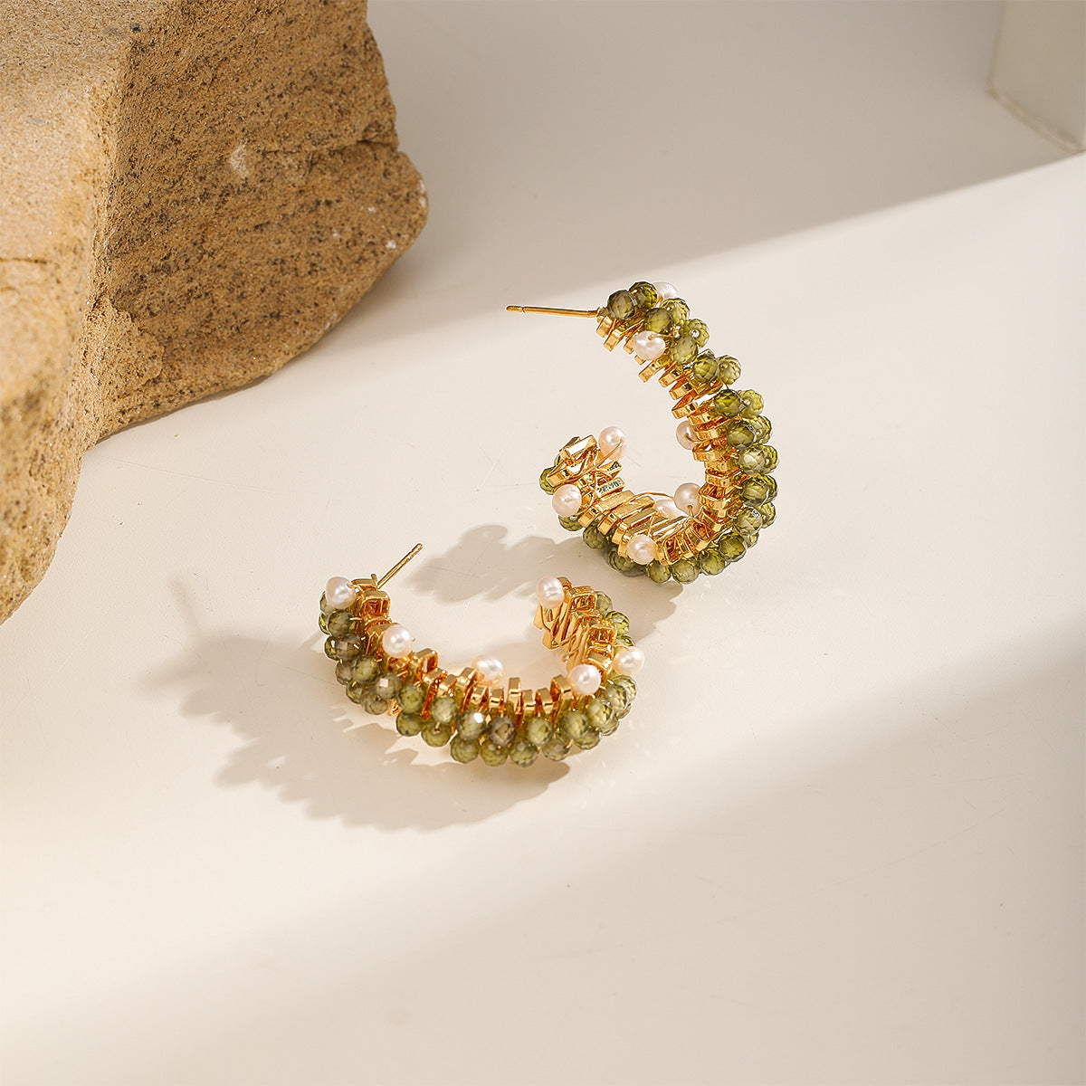 Olive Bead Hoops — With Pearls