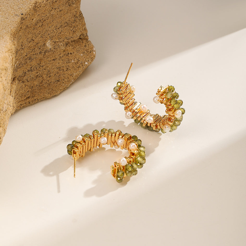 Olive Bead Hoops — With Pearls