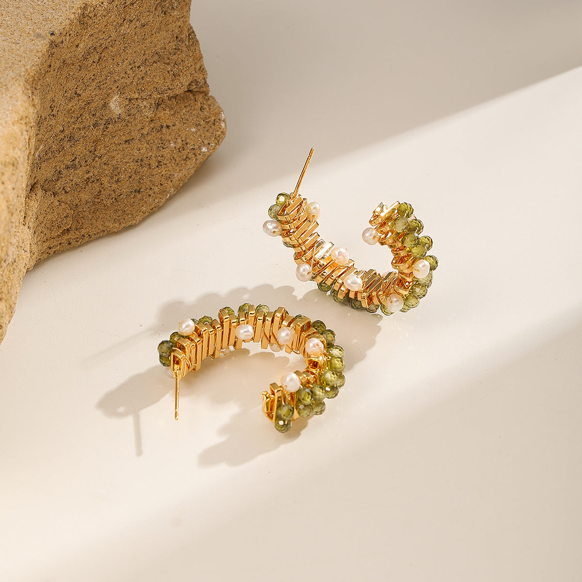 Olive Bead Hoops — With Pearls