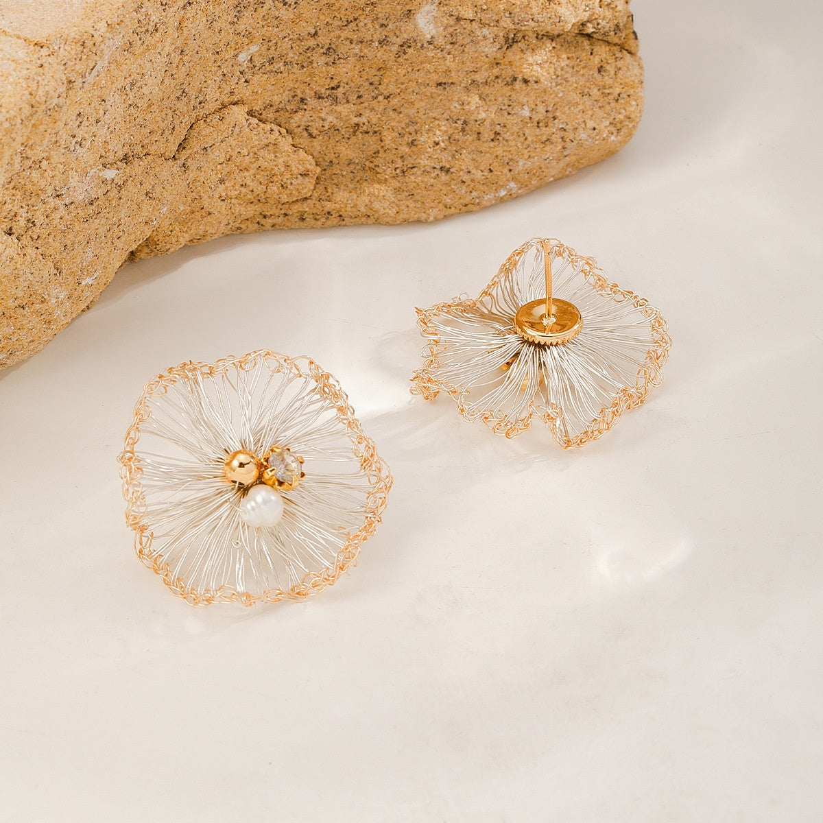 Pale Poppy Studs — Silver & Gold, side view