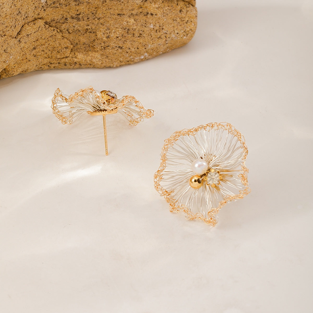 Pale Poppy Studs — Silver & Gold, post side
