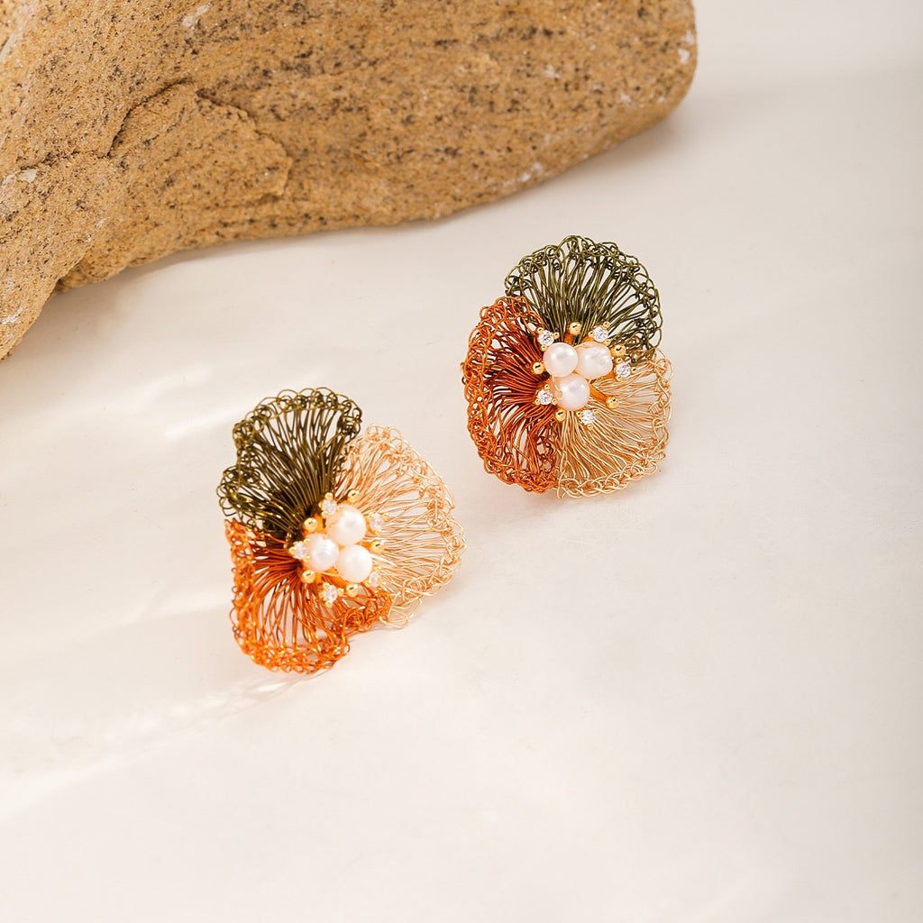 Patchwork Flower Studs — Rust & Apricot