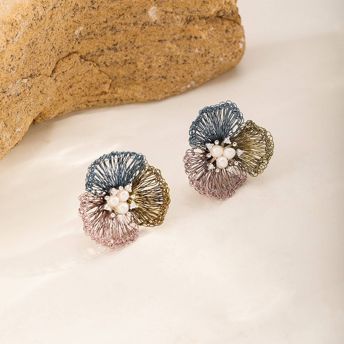 Patchwork Flower Studs — Blue & Mauve