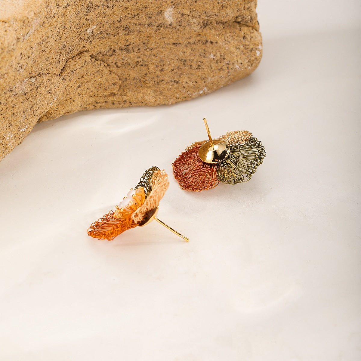 Patchwork Flower Studs — Rust & Apricot, post side