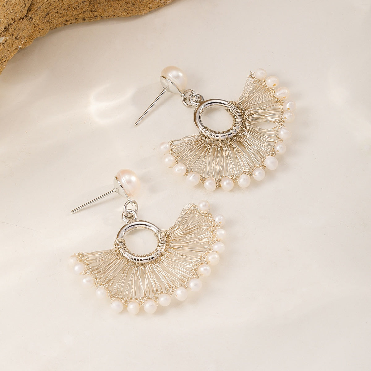 Pearl Fan Drop Earrings — Silver