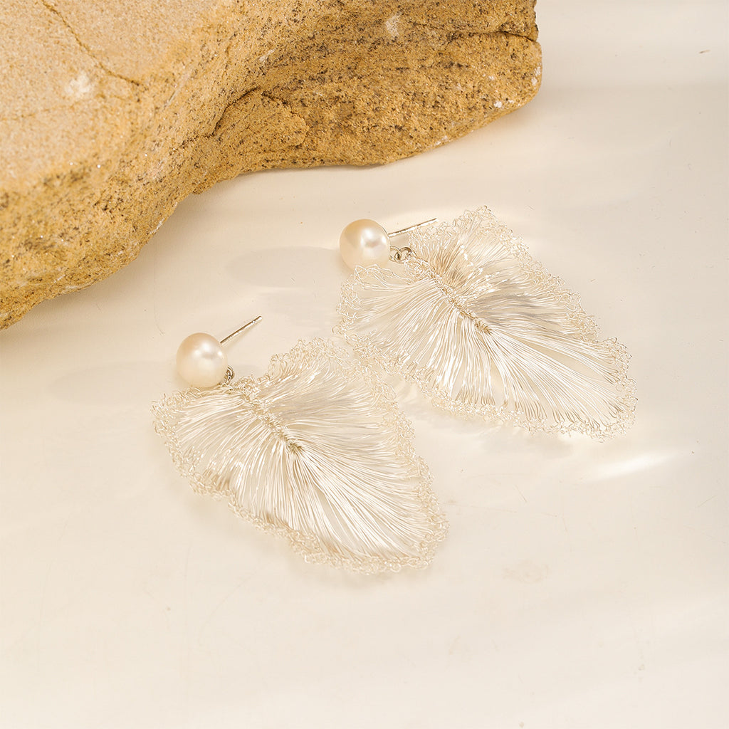 Pearl Leaf Earrings — Silver