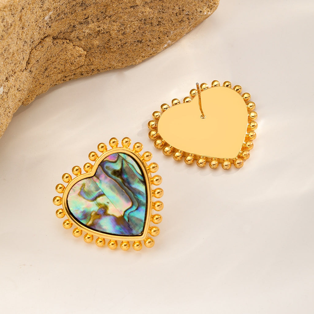 Shell Heart Studs — Abalone, front and back with post