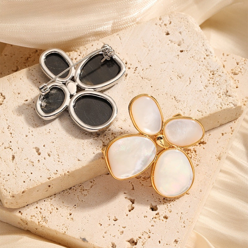 Shell Petal Brooch — Smoke & Silver pin back and Cream & Gold